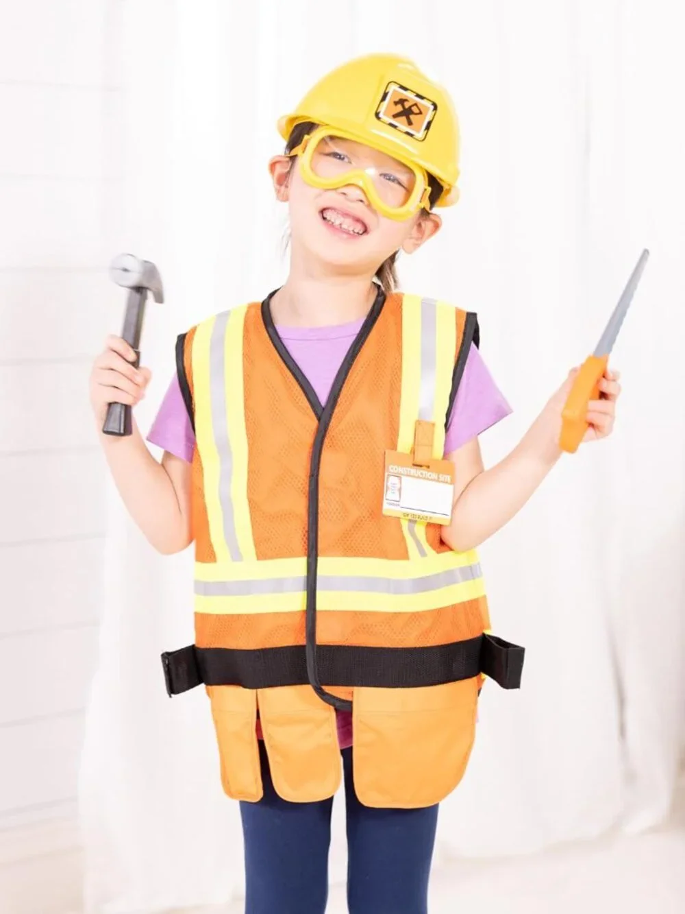 Construction Costume, Pretend Play Dress Up Set 6-Pc Tools, Vest & Accessories,